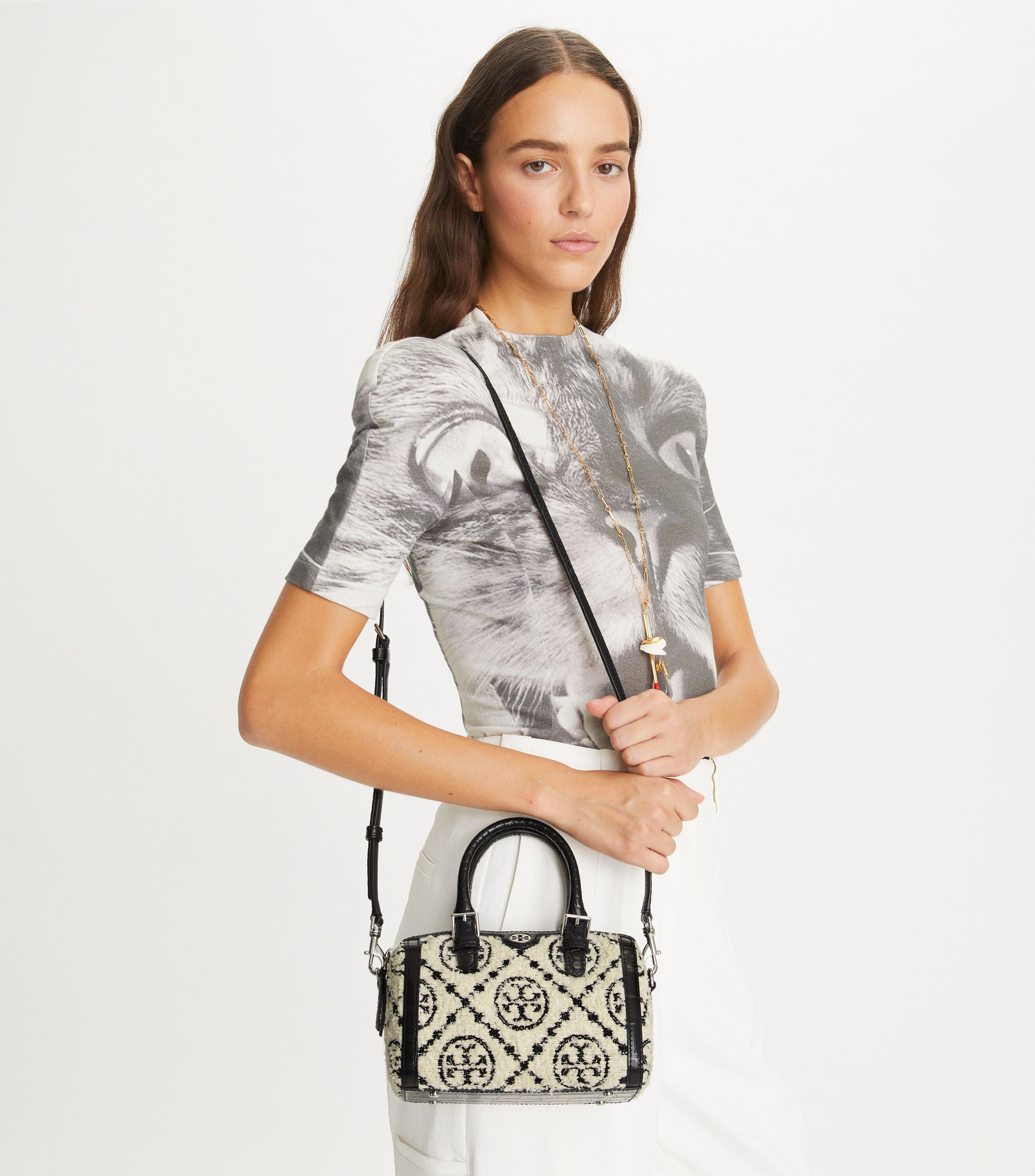 T Monogram Bouclé Mini Barrel Bag, Black | Tory Burch KW