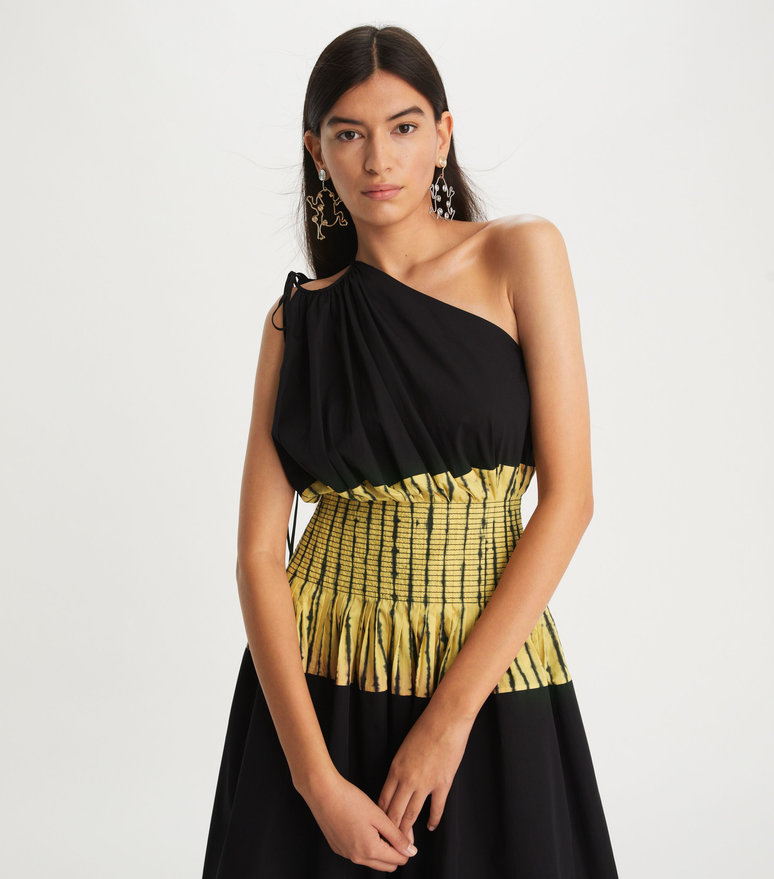 Tie-Dye Stripe Colorblock One-Shoulder Dress, Black | Tory Burch KW